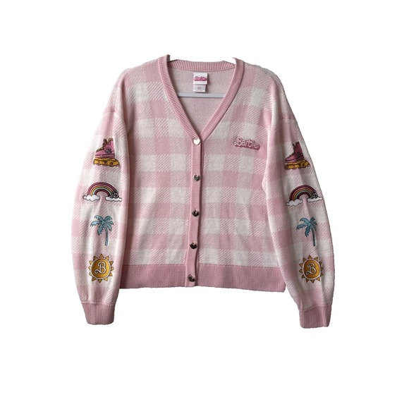 Hot Topic Sweaters - Hot Topic Barbie Pink Gingham Patch Cardigan M Preppy Retro Academia Nostalgia